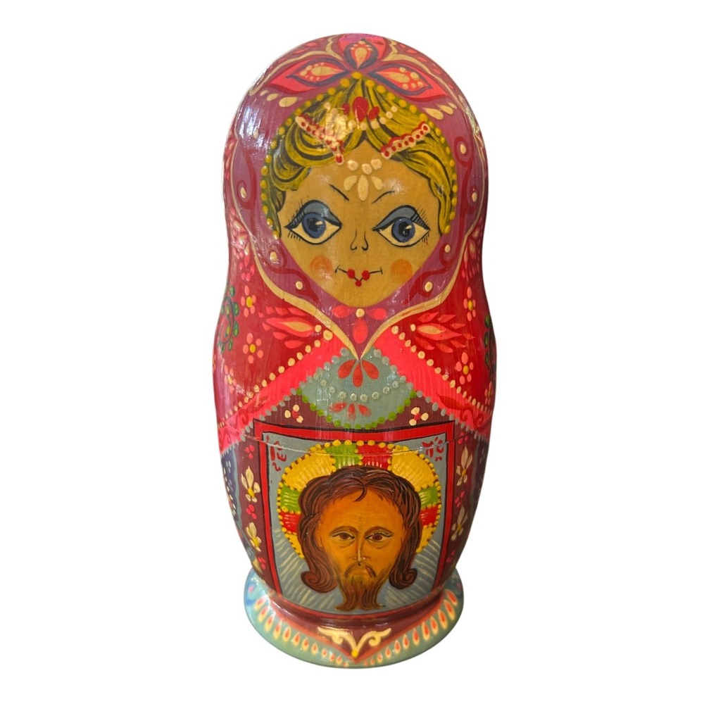 Vintage USSR Nesting Dolls 5pc Set Red Jesus Christ Religious Icon Matryoshka
